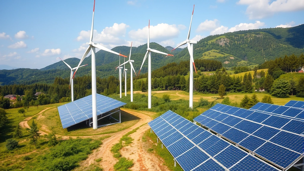 Renewable energy installation with modern wind turbines and solar panels in landscape setting, demonstrating sustainable economic infrastructure and clean technology integration