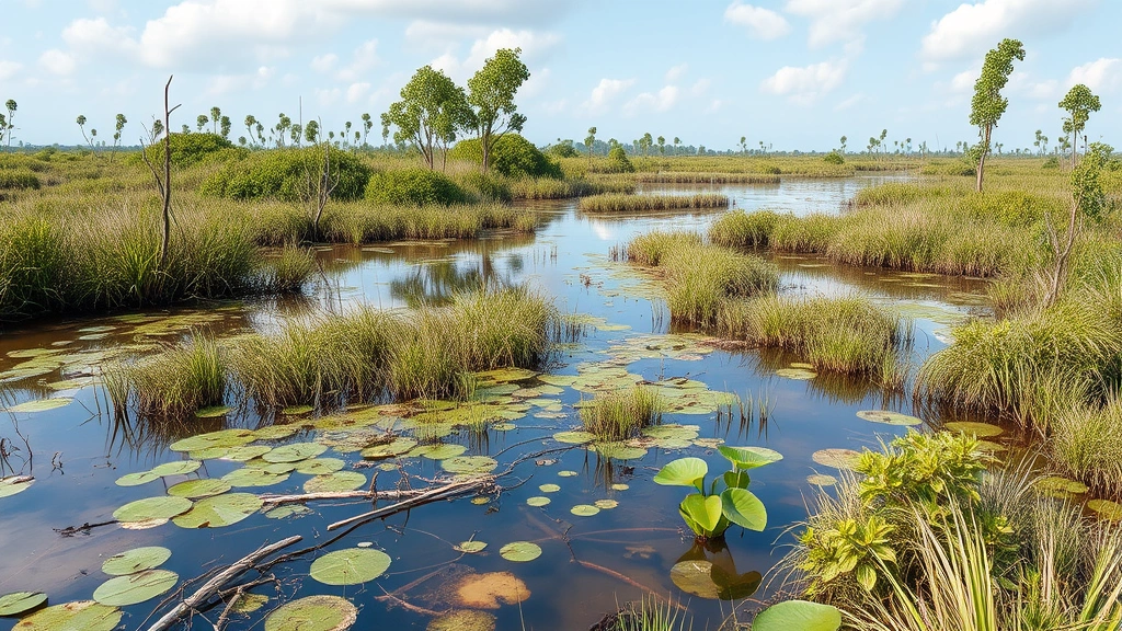 Wetland ecosystem with water, vegetation, and wildlife habitat showing ecosystem services like water purification and biodiversity support, photorealistic nature scene without annotations