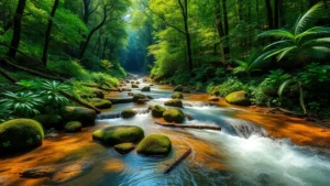 Lush forest watershed with clear flowing streams, dense vegetation, and sunlight filtering through canopy, representing water purification ecosystem services and natural capital value