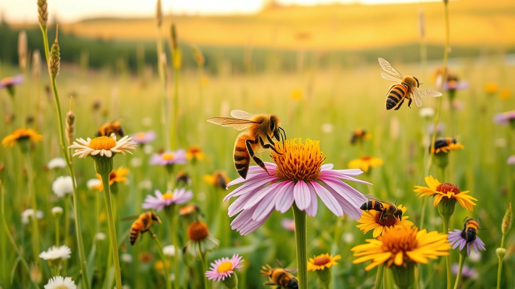 Diverse pollinator ecosystem showing honeybees and native insects on wildflowers in meadow landscape, illustrating pollination services and agricultural economic benefits