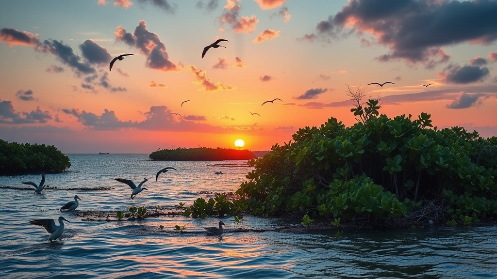 Coastal mangrove forest at sunset with birds and marine life, showing ecosystem complexity and storm protection services, representing blue carbon and biodiversity economic value
