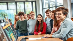 Diverse group of Belgian students in modern classroom with interactive digital learning boards, natural light, engaged expressions, sustainable architecture with green plants visible through windows