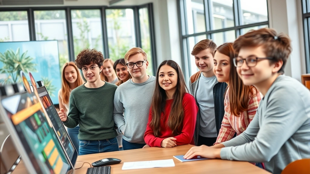 Diverse group of Belgian students in modern classroom with interactive digital learning boards, natural light, engaged expressions, sustainable architecture with green plants visible through windows