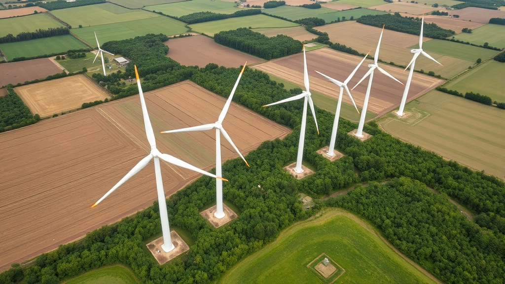 Aerial view of Belgian renewable energy wind turbines across agricultural landscape with forest patches, representing green economy transition and environmental sustainability