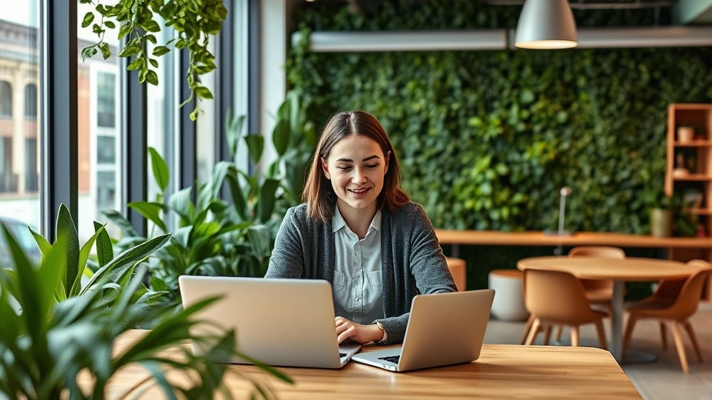 Young professional in Brussels working at sustainable technology company with eco-friendly office design, green walls, natural materials, collaborative workspace embodying knowledge economy principles