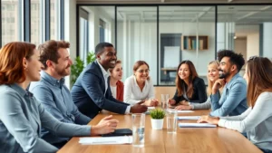Professional office workspace with diverse employees collaborating respectfully at conference table, natural lighting through windows, inclusive workplace culture visible through varied team composition and comfortable body language