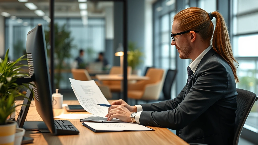 Human resources professional reviewing documents and taking notes at desk with computer, suggesting investigation and documentation processes for workplace complaints and harassment reports in modern office