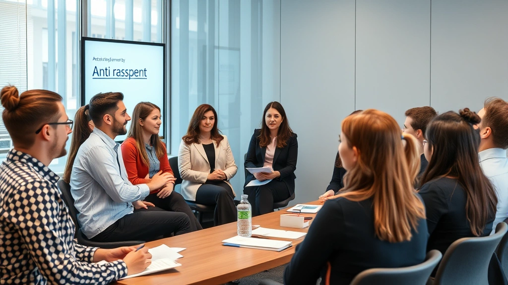 Diverse group of professionals in training session with instructor presenting anti-harassment and respect policies, engaged participants taking notes, suggesting workplace education and prevention culture in corporate setting