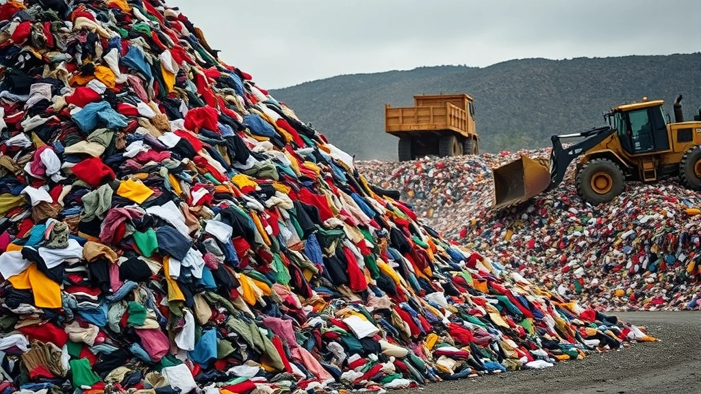 Massive piles of discarded colorful clothing and textile waste overflowing from an industrial landfill site with heavy machinery in background