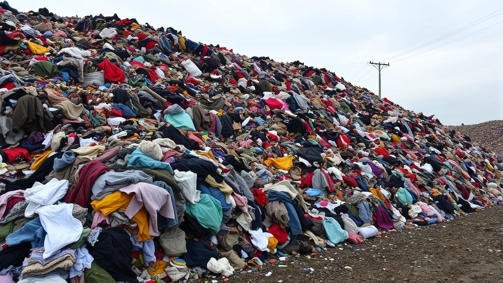 Textile waste in landfill showing piles of discarded clothing and fabric materials in an overflowing dump site under gray sky