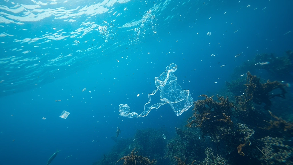 Ocean surface showing microplastics and textile fibers floating among marine life and seaweed in blue water with sunlight filtering through