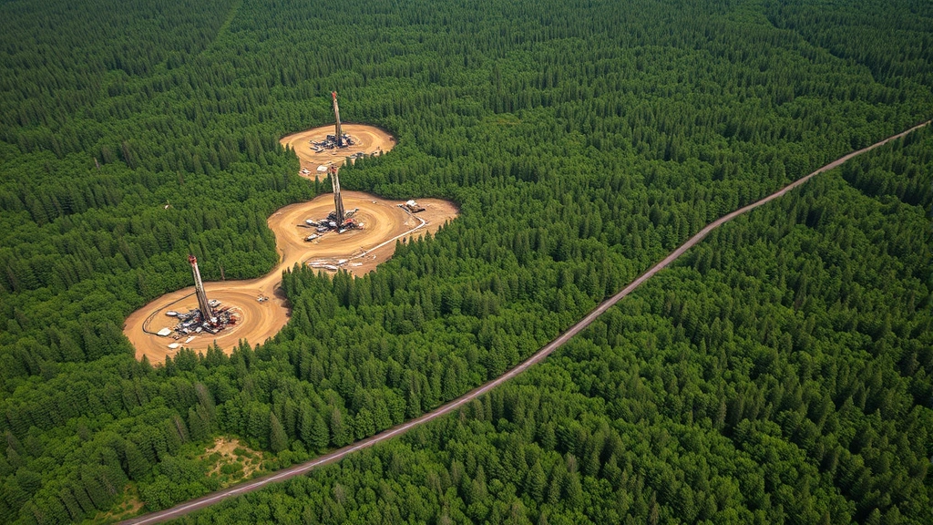 Aerial view of forest landscape with natural gas drilling wellpads and pipeline infrastructure cutting through green vegetation, showing habitat fragmentation and environmental disturbance in North American shale region