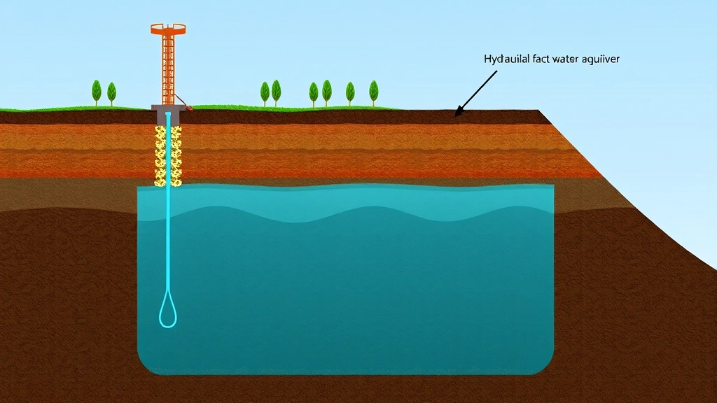 Underground cross-section illustration showing natural gas well drilling through soil layers with groundwater aquifer, demonstrating potential contamination pathways and geological relationships in hydraulic fracturing operations