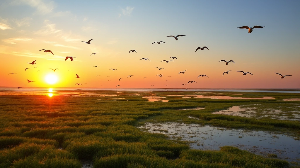 Coastal wetland ecosystem at sunset with birds flying, showing pristine natural habitat that could be impacted by natural gas infrastructure development, emphasizing biodiversity and ecosystem services value
