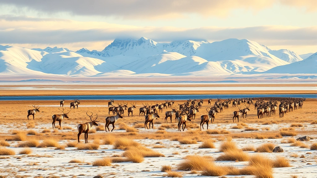 Vast Arctic tundra landscape with Porcupine caribou herd migrating across pristine coastal plains, snow-covered mountains in distance, golden Arctic sunlight, photorealistic wildlife photography