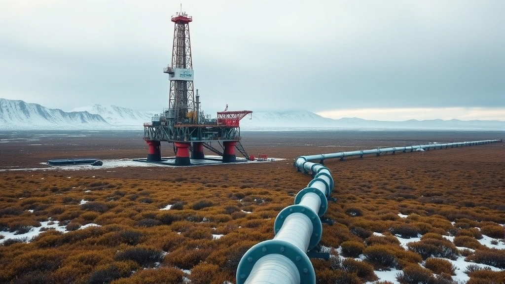 Industrial oil drilling infrastructure platform surrounded by Arctic wilderness, pipeline running through tundra vegetation, permafrost landscape with thermokarst features, realistic industrial facility in remote environment