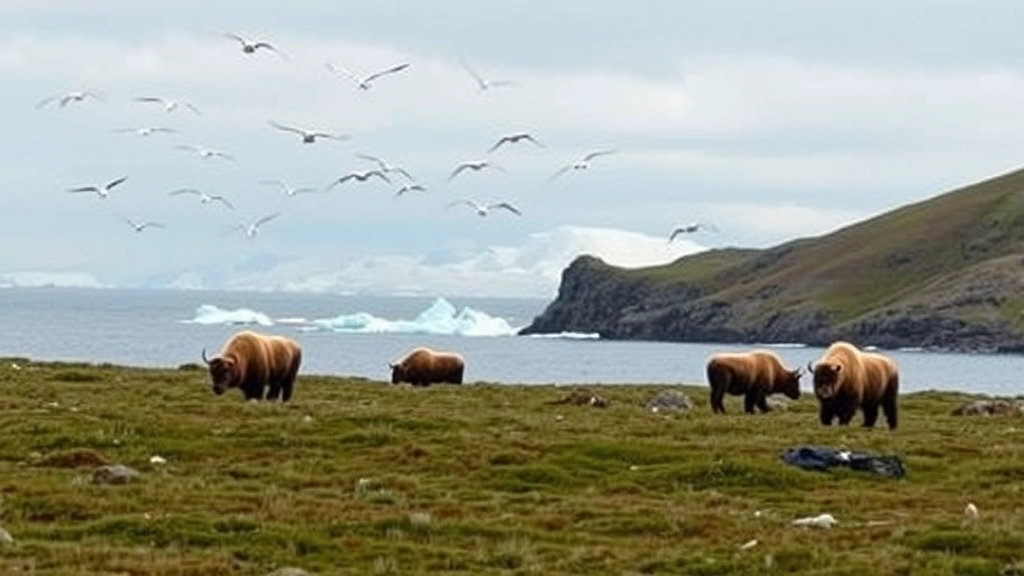 Pristine Arctic coastal ecosystem showing musk oxen grazing near water, migratory birds in flight, intact permafrost terrain with healthy vegetation, untouched wilderness highlighting ecological value at risk