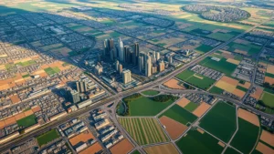 Aerial view of sprawling modern city with dense high-rise buildings, engineered streets in geometric patterns, and surrounding agricultural fields transitioning from green to urban development, morning light casting long shadows across the landscape, photorealistic