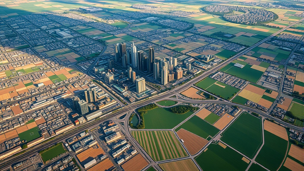 Aerial view of sprawling modern city with dense high-rise buildings, engineered streets in geometric patterns, and surrounding agricultural fields transitioning from green to urban development, morning light casting long shadows across the landscape, photorealistic