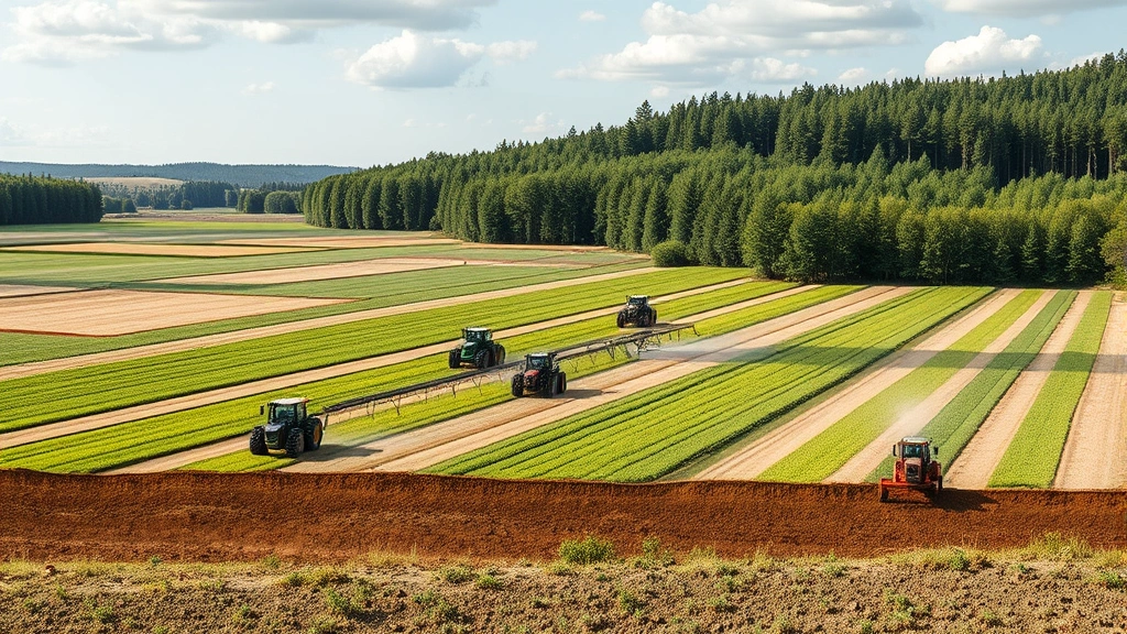 Cross-section view of engineered agricultural landscape showing industrial farm equipment working monoculture fields, irrigation systems, fertilizer application, and contrast with remaining natural forest edge in background, daylight, photorealistic detail