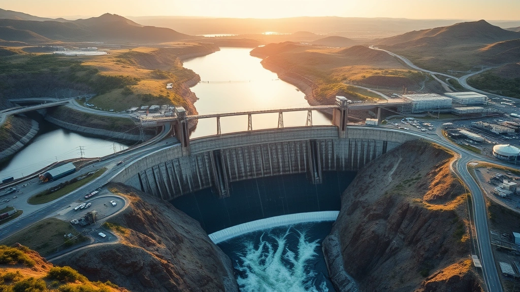 Engineered infrastructure landscape featuring dam holding back reservoir water, power transmission lines, roads, and industrial development surrounding the water system, showing human modification of natural water flow, late afternoon lighting, photorealistic