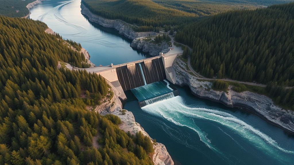 Aerial view of river flowing through engineered landscape with dam structure and surrounding forest habitat, showing contrast between natural water flow and human infrastructure, photorealistic natural lighting