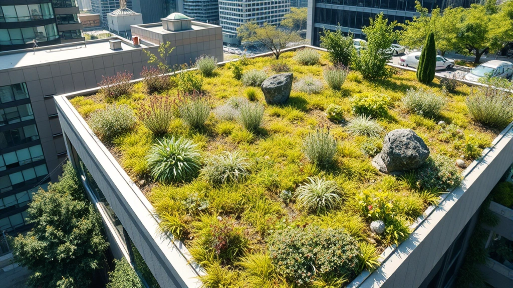 Urban green roof with native plants and wildlife, modern building architecture integrated with vegetation, demonstrating ecological engineering in city environment, natural daylight perspective