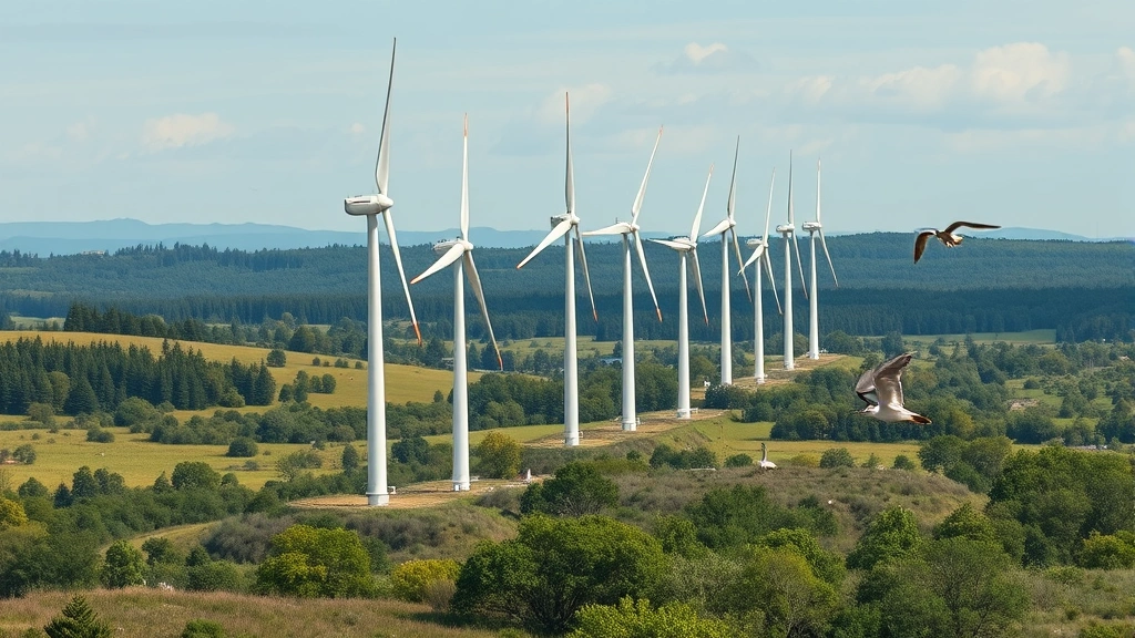 Renewable energy wind turbines in natural landscape with birds flying nearby, showing the complexity of balancing clean energy generation with wildlife protection, realistic environmental photography