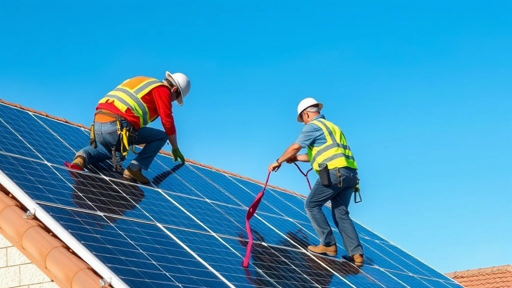 Solar panel installation workers mounting photovoltaic arrays on residential rooftops with blue sky background, showing sustainable energy infrastructure development and green job creation