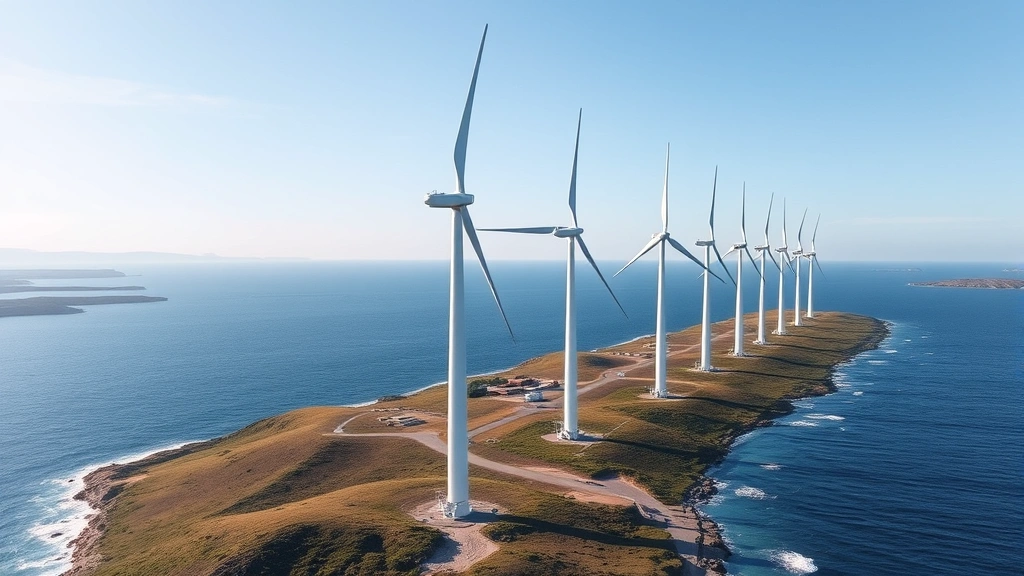 Modern wind turbine farm in coastal landscape with multiple turbines generating renewable electricity, demonstrating large-scale clean energy infrastructure and economic opportunity