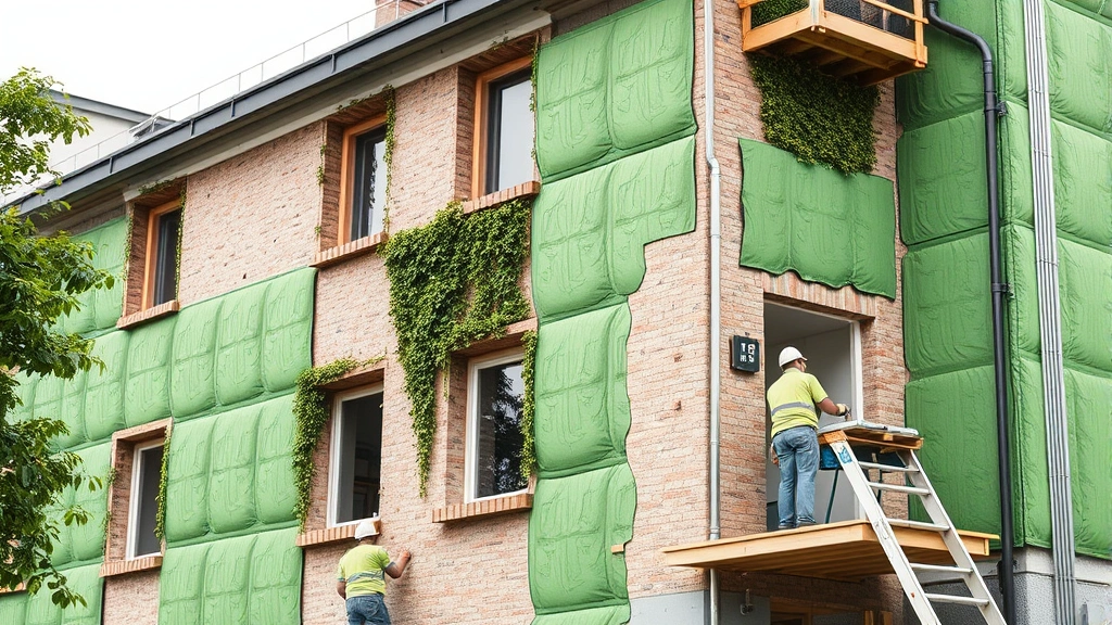 Retrofitted building with green walls and modern insulation being worked on by construction workers, showing sustainable urban development and energy efficiency job creation