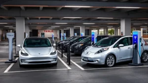 Modern electric vehicle rental parking lot with multiple Tesla and Nissan Leaf vehicles charging at dedicated stations, sleek infrastructure, daytime lighting, professional facility setting