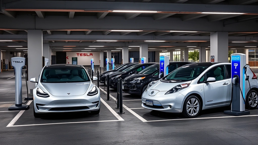 Modern electric vehicle rental parking lot with multiple Tesla and Nissan Leaf vehicles charging at dedicated stations, sleek infrastructure, daytime lighting, professional facility setting
