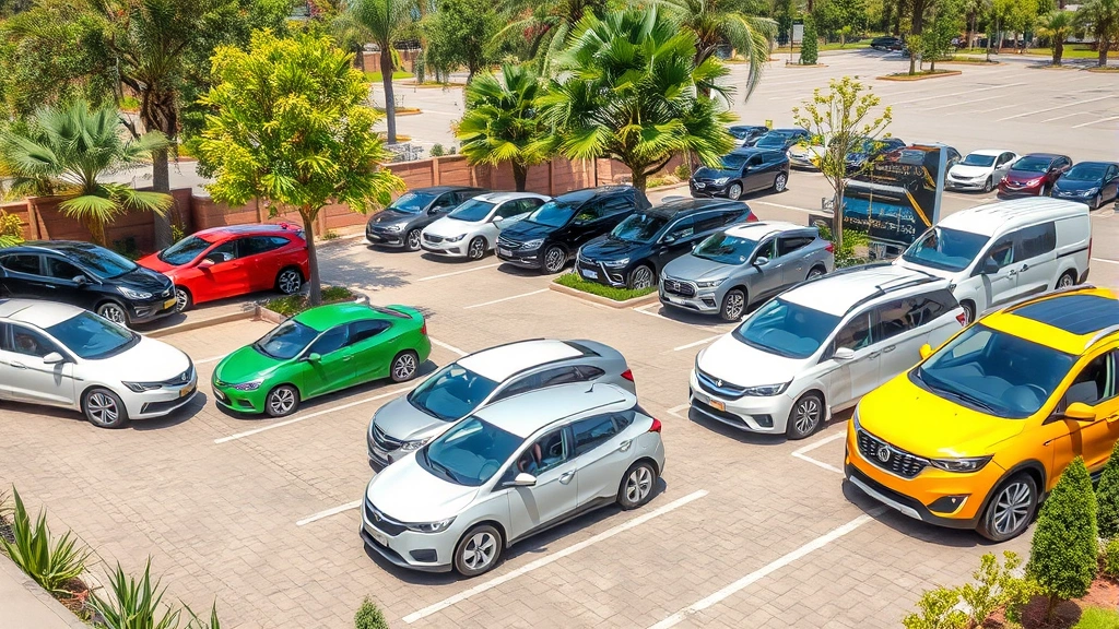 Diverse sustainable transportation options at eco-friendly rental facility displaying electric vehicles, hybrid models, and alternative fuel vehicles in organized parking arrangement, bright daylight