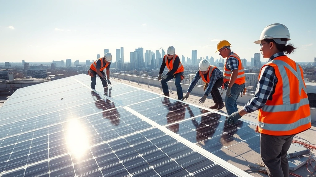 Solar panel installation team working on rooftop with city skyline, bright sunlight, modern sustainable technology, professional safety equipment, diverse workers collaborating