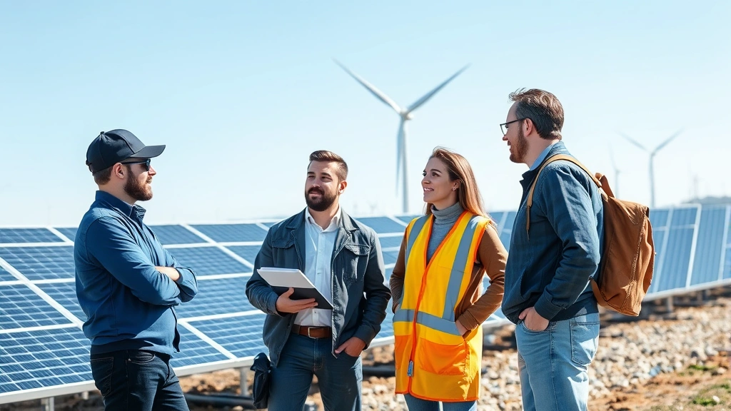 Diverse professionals collaborating on renewable energy project with solar panels and wind turbines visible in background under clear blue sky, outdoor industrial setting