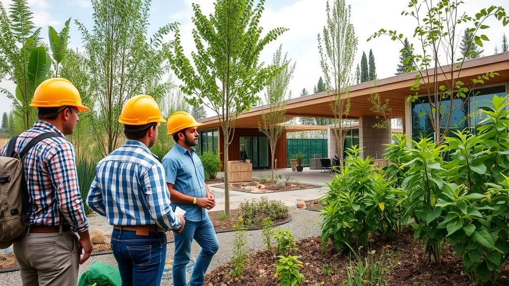 Team of environmental professionals in hard hats examining sustainable construction site with green building materials and native plants growing around modern eco-friendly structure