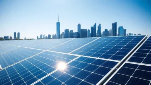 Solar panel array reflecting sunlight with modern city skyline in background, clean renewable energy infrastructure under blue sky