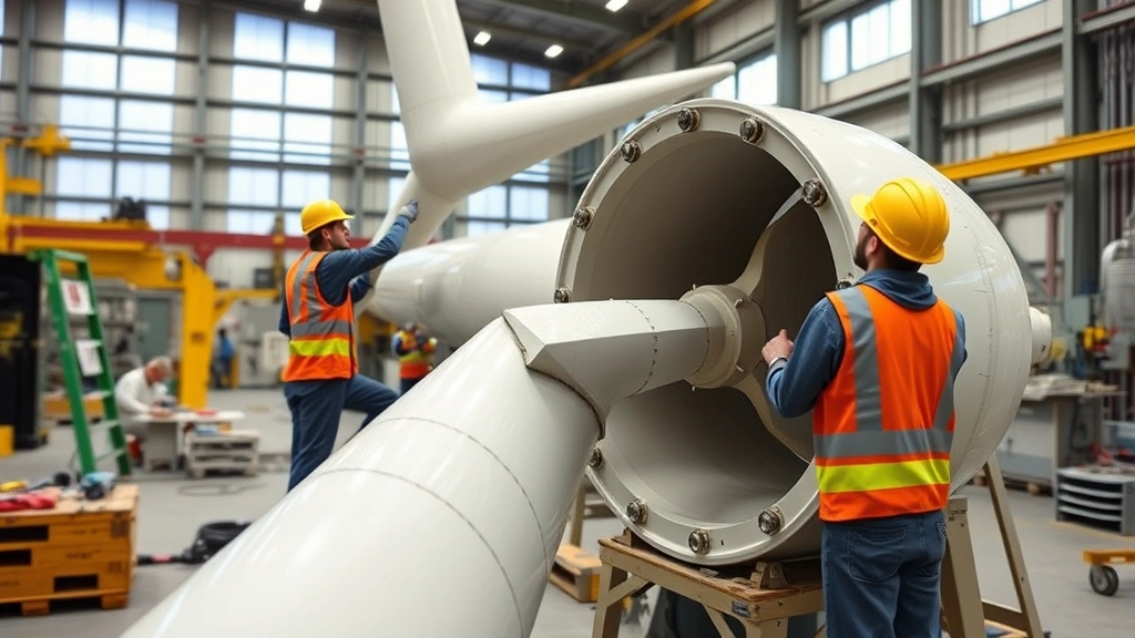 Workers installing wind turbine components in sustainable manufacturing facility, skilled labor engaged in green technology production