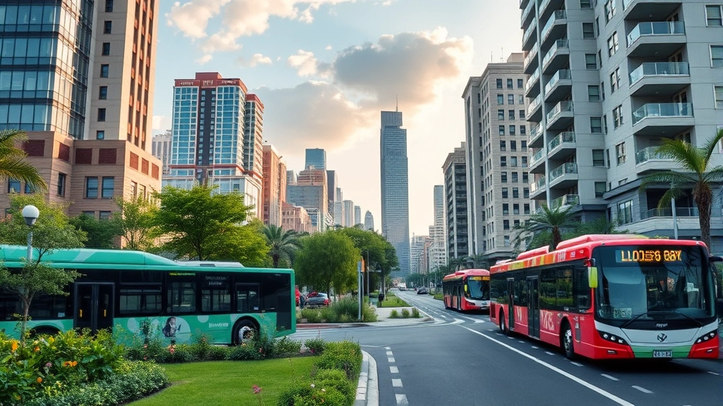 Sustainable urban development with electric buses, green spaces, and efficient buildings representing green bond-financed infrastructure transformation