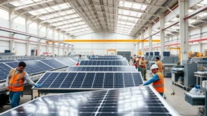 Solar panel manufacturing facility with workers assembling photovoltaic modules, industrial warehouse interior, natural daylight streaming through skylights, modern equipment, diverse workforce engaged in skilled labor, clean technology production environment