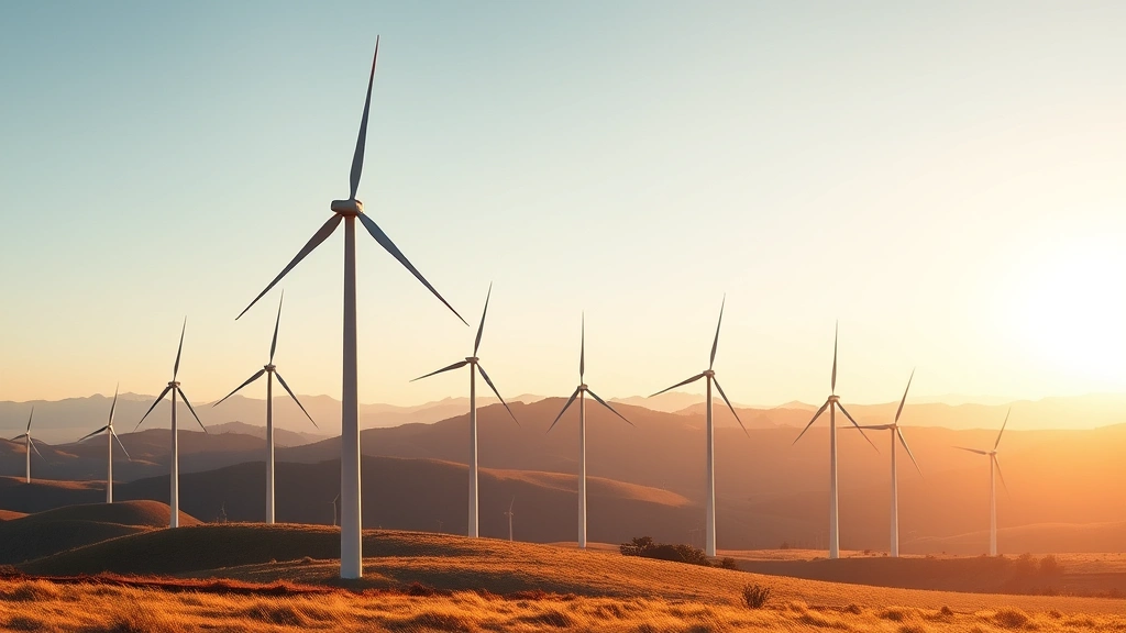 Wind farm at golden hour with multiple turbines generating electricity across rolling landscape, renewable energy infrastructure in natural setting, clear sky, sustainable power generation in operation, ecological harmony between technology and nature