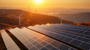 Solar panel arrays on hillside landscape with wind turbines in distant background, golden sunlight illuminating renewable energy infrastructure, photorealistic natural environment