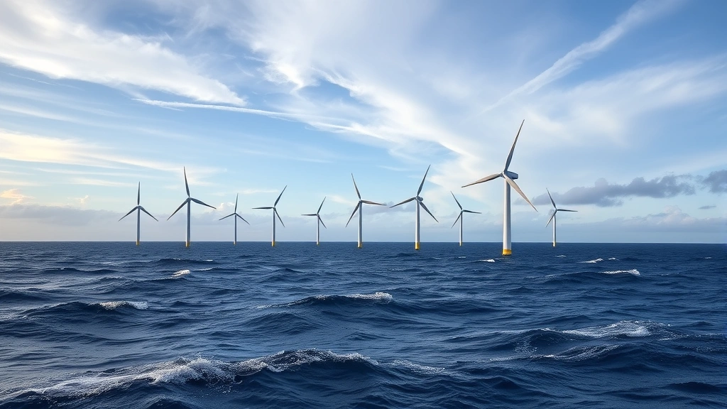 Offshore wind farm turbines in ocean with dramatic sky, waves, and coastal landscape, renewable energy infrastructure generating clean power from natural resources