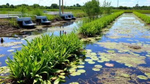 Wetland restoration project with native plants growing along water channels, engineered water management structures visible, natural habitat recovering in foreground, clear water reflecting sky, biodiversity indicators present