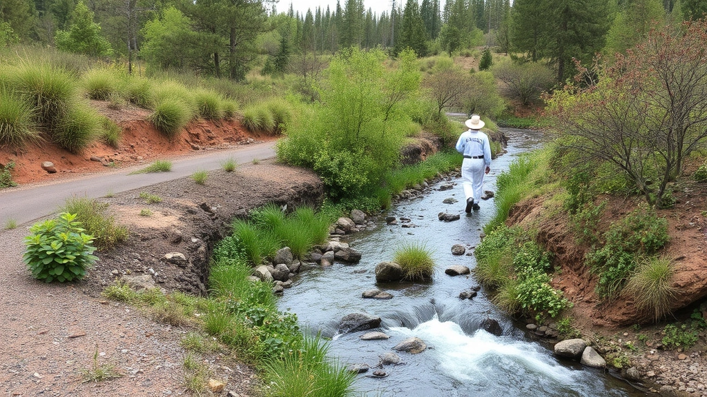 Environmental engineer examining restored riparian buffer zone beside flowing stream, native vegetation established, wildlife habitat created through careful design, erosion control visible, ecosystem function restored in landscape