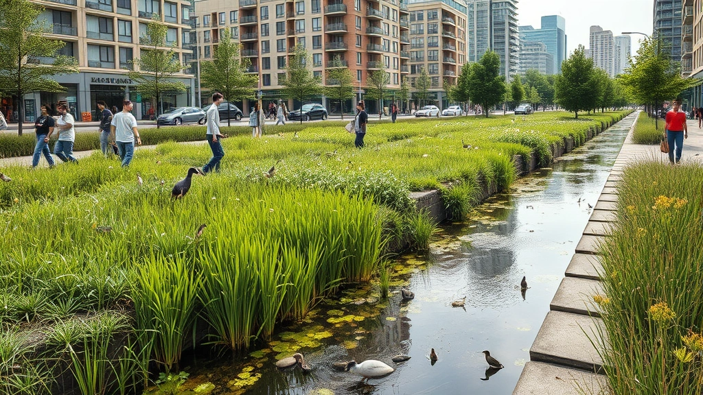 Urban green infrastructure integration showing constructed wetlands treating stormwater while supporting birds and aquatic life, buildings in background, seamless blend of human infrastructure and ecosystem function, modern ecological engineering in city