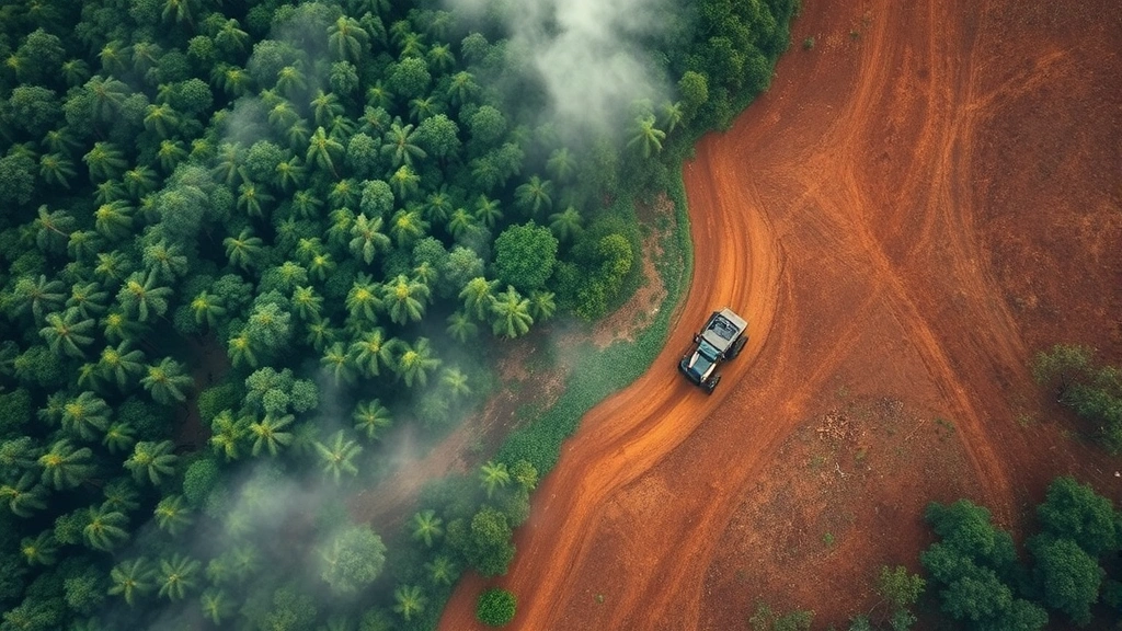 Aerial view of deforestation border showing intact tropical forest transitioning to cleared land with heavy machinery, morning mist, photorealistic, high contrast between green and brown earth
