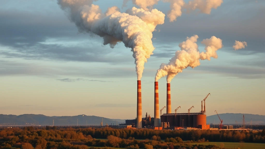 Industrial manufacturing facility with smokestacks releasing emissions into sky above surrounding natural landscape, showing pollution dispersal, photorealistic, golden hour lighting