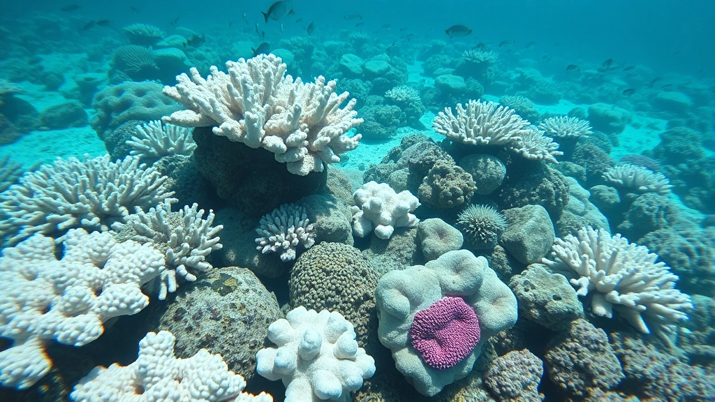 Underwater coral reef ecosystem showing bleached white corals with few remaining colorful areas, fish schools in background, clear water revealing ecosystem degradation, photorealistic